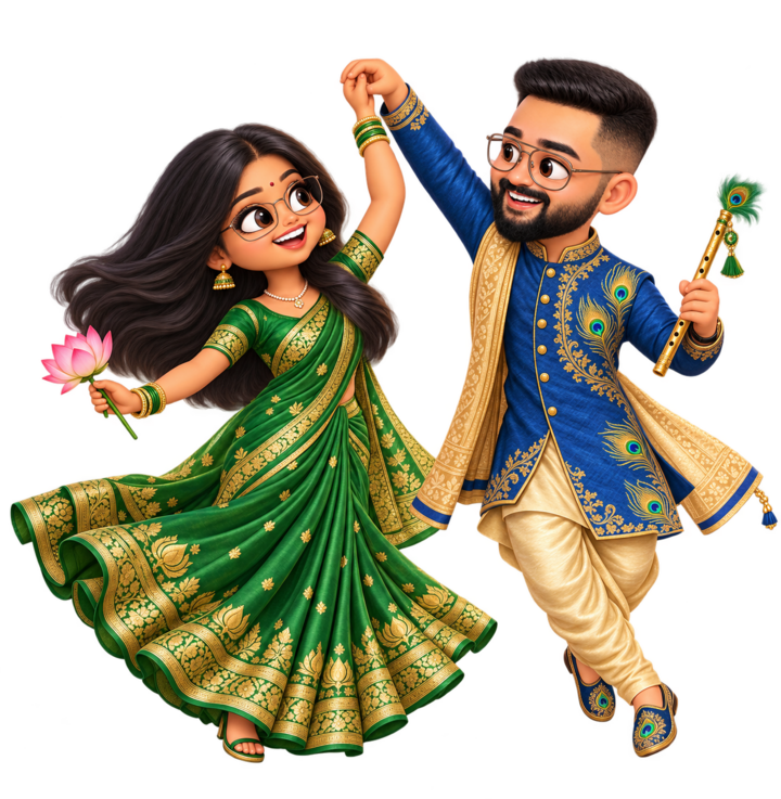 Animated versions of Mamtha and Prem dancing in Radha and Krishna inspired attire
