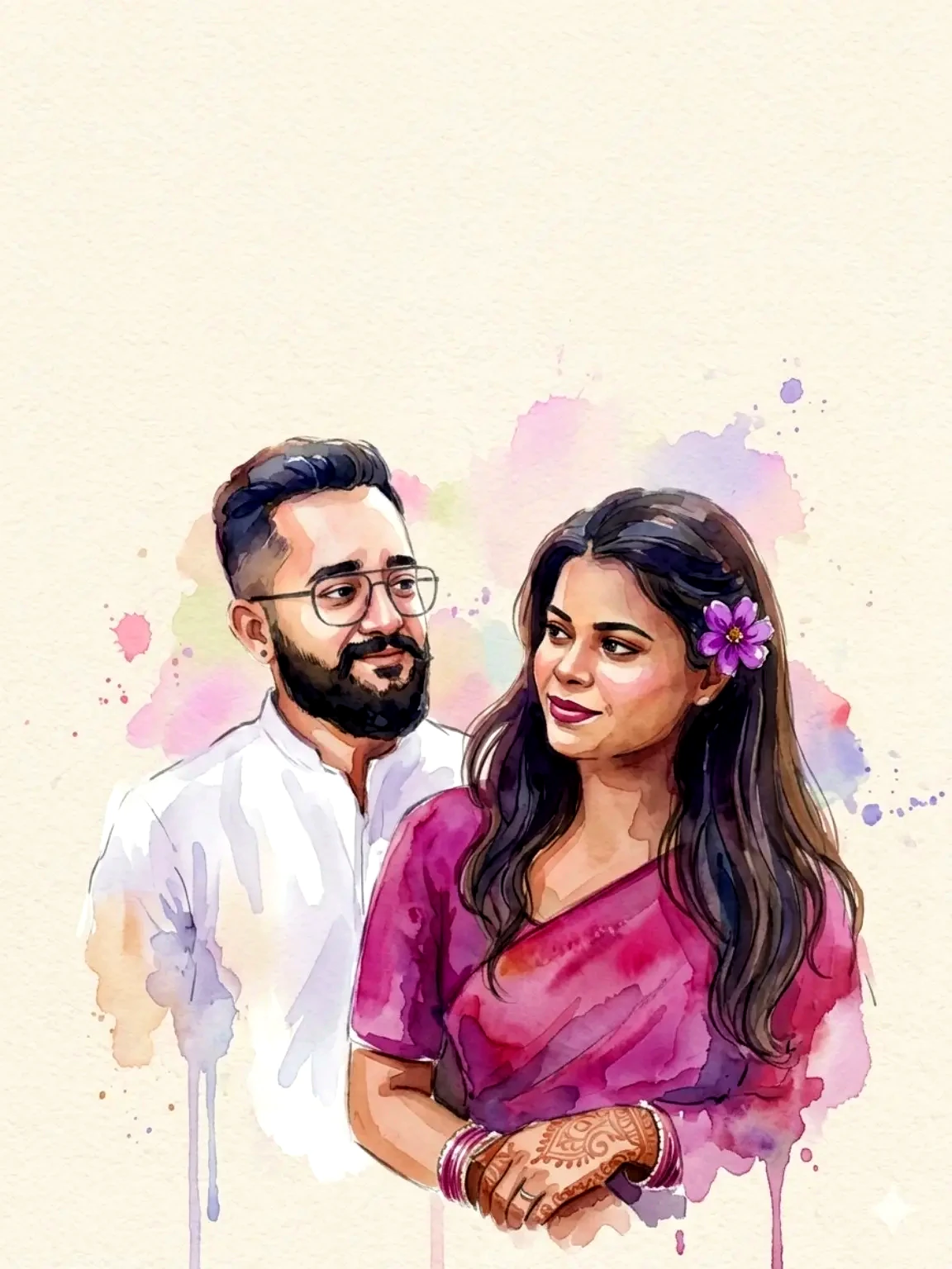 Watercolour portrait of Mamtha and Prem